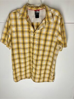 The North Face Men's Yellow and White Plaid Short-Sleeve Button-Down Shirt